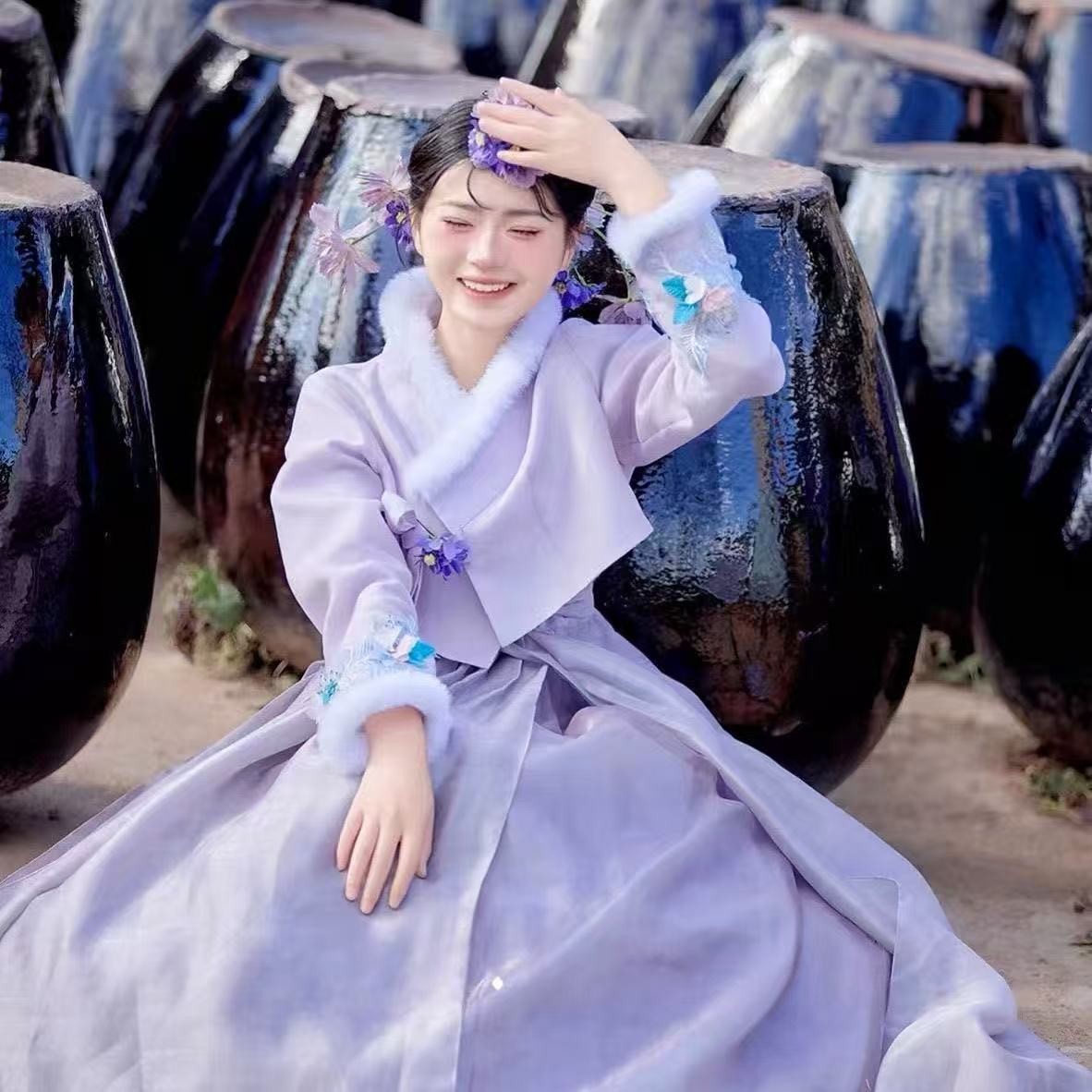 冬の豪華な襟韓服女性の伝統的な韓国服裁判所厚み綿コート延吉姫雪制服女性韓服