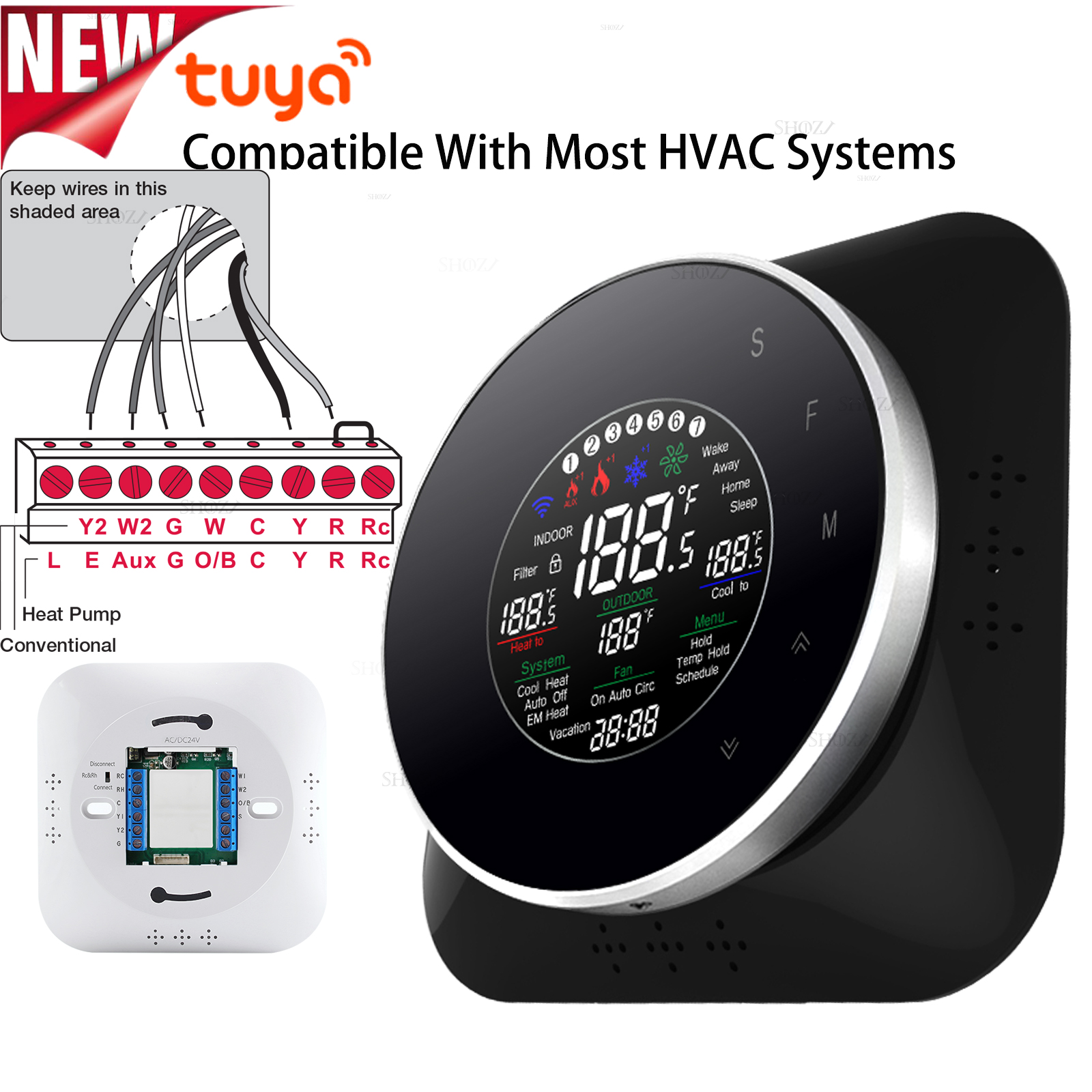 TUYA WIFI 24VAC AIR SOURCE ヒートポンプ サーモスタット HVAC システム用 - ボイラーと互換性があり、空気エネルギーは Alexa、Google で動作します