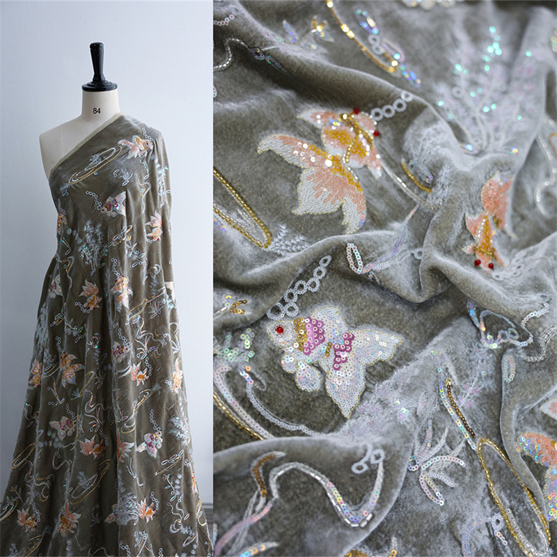 水中世界 高級グレーシルクベルベット 重工業ネイルビーズ刺繍 高級ドレス服 デザイナーシルク生地サテン