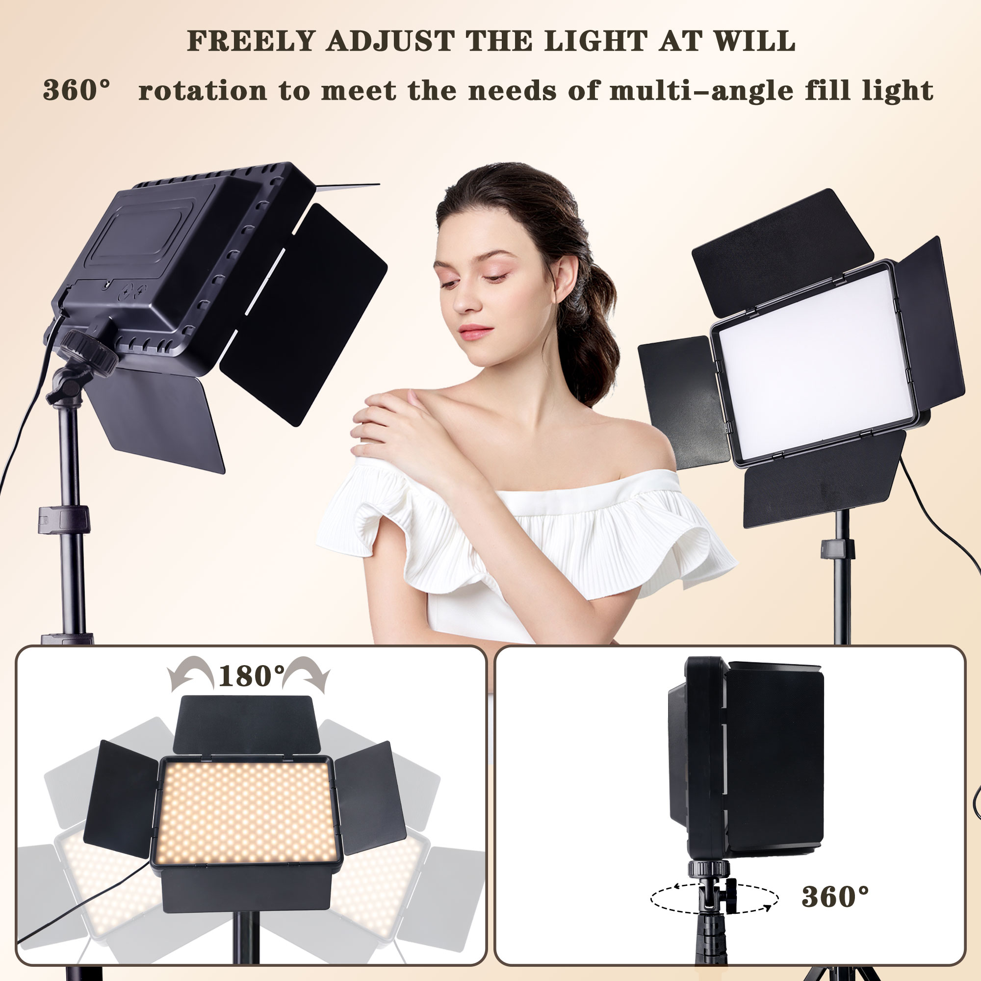10インチプロフェッショナルLEDスタジオスポットライト、160cm調整可能な三脚、ポータブル器具、トリコロール、バッフル付き正方形フィルライト付き