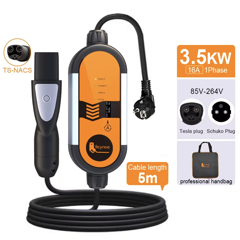 feyree ポータブル EV 充電器 3.5KW 16A TS-NACS 充電器プラグ充電ボックス調整可能な電流急速充電テスラ車と互換性
