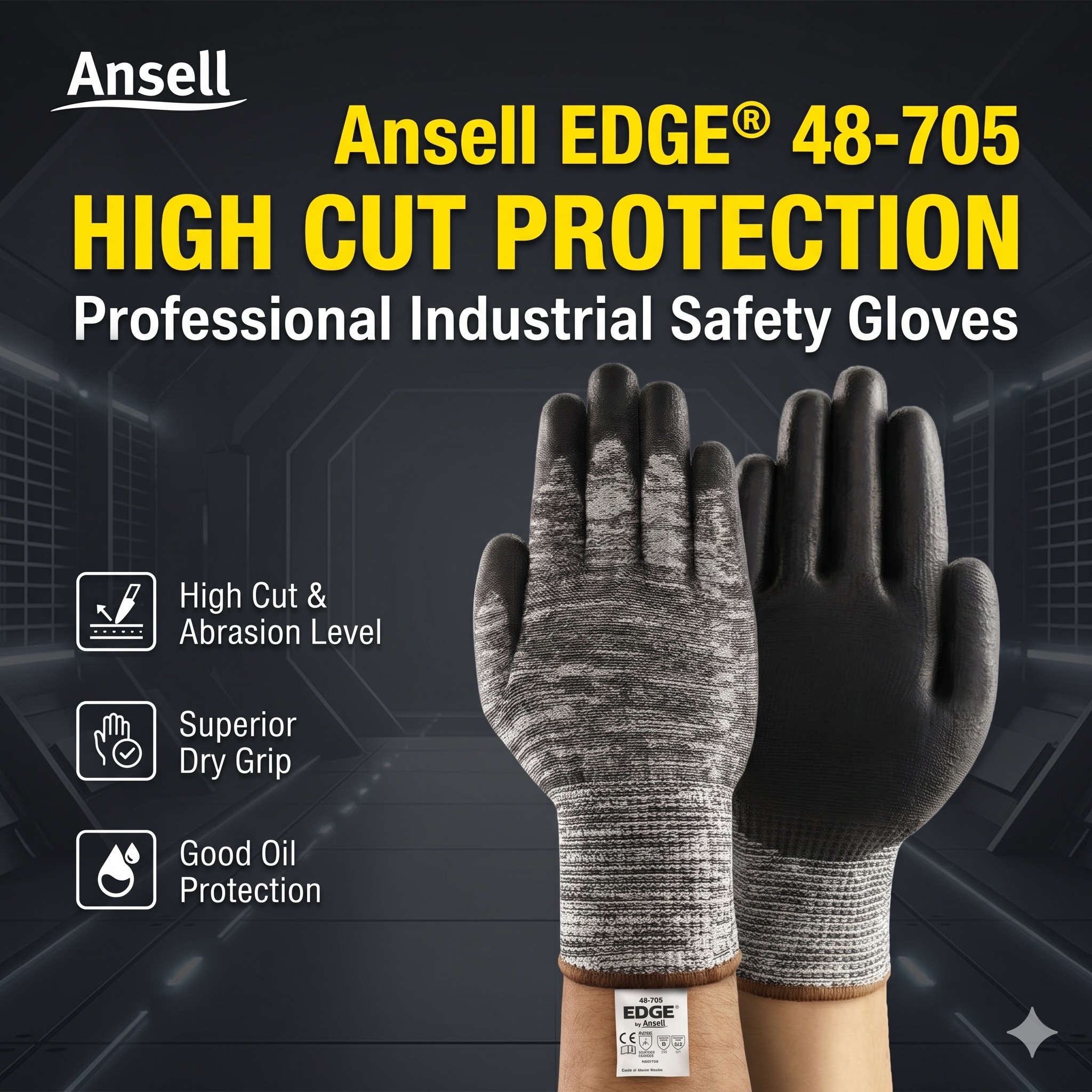 Ansell 48-705 エッジ耐カット安全手袋ガラス繊維 PU 浸漬作業メカニック保護手袋男性女性業界