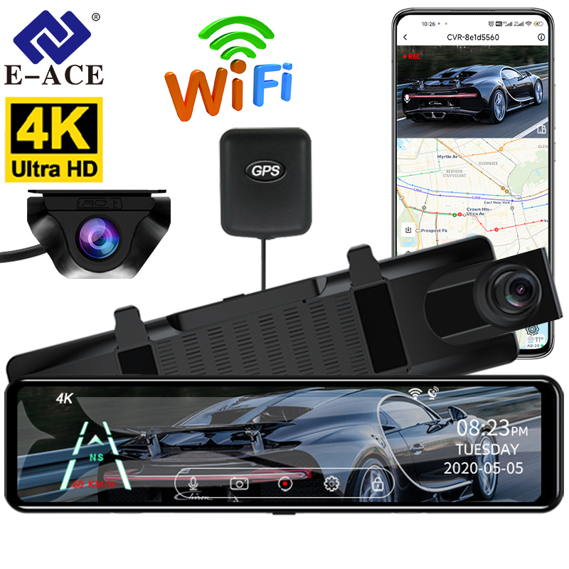 E-ACE 12 インチ 4K 車 Dvr ミラー WiFi GPS IPS スクリーン ストリーム リアビュー ダッシュ カム ミラー デュアル 車カメラ ドライブ レコーダー ブラック ボックス