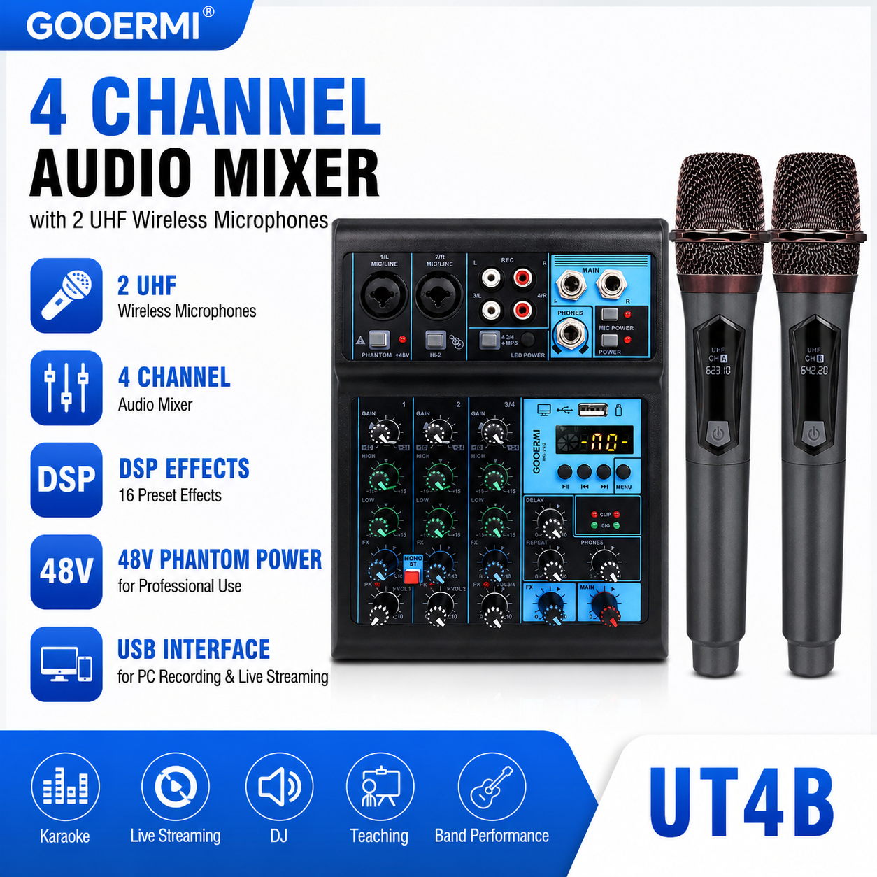 Gooermi UT4B 4 Channel Audio Mixer with 2 UHF Wireless Microphones, DSP Effects, 48V Phantom Power for Karaoke Live Streaming