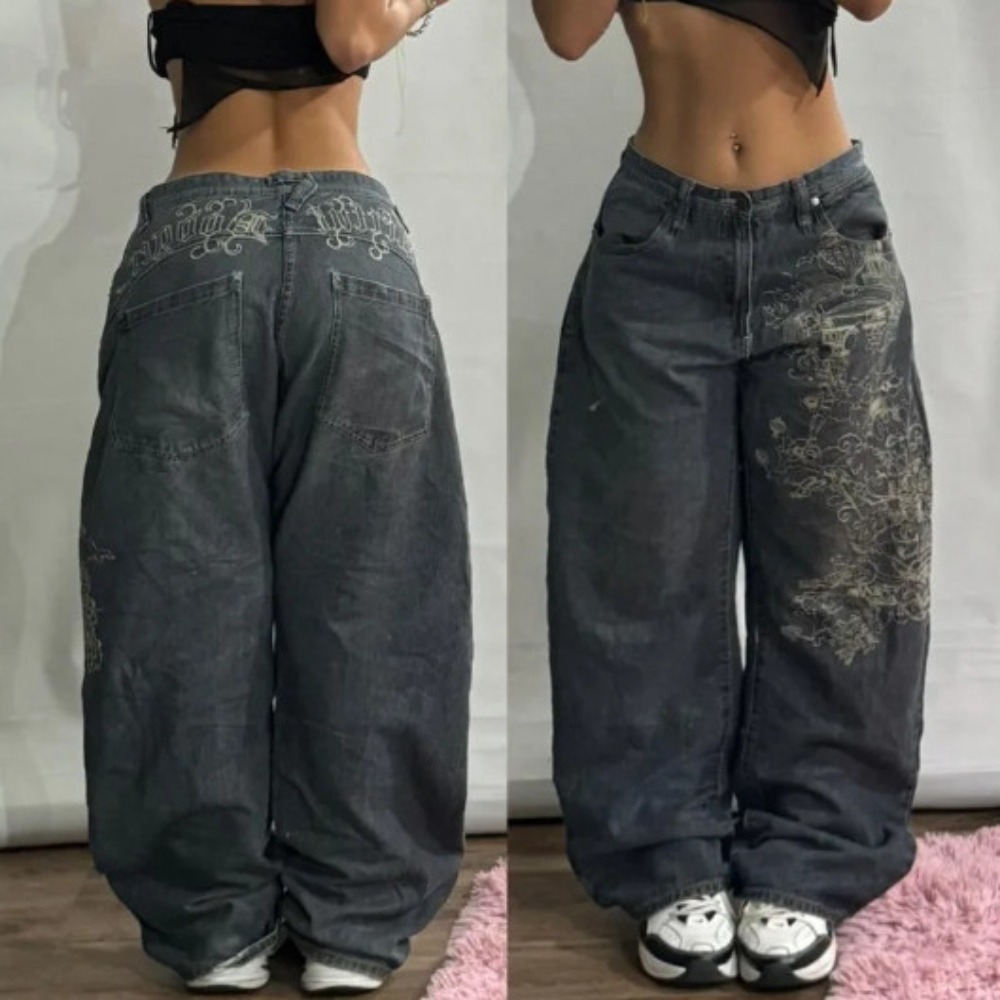 新 2025 アメリカトレンドレトロヒップホップ刺繍パターンだぶだぶのジーンズ男性と女性 Y2K 原宿ゴシックワイドパンツストリート