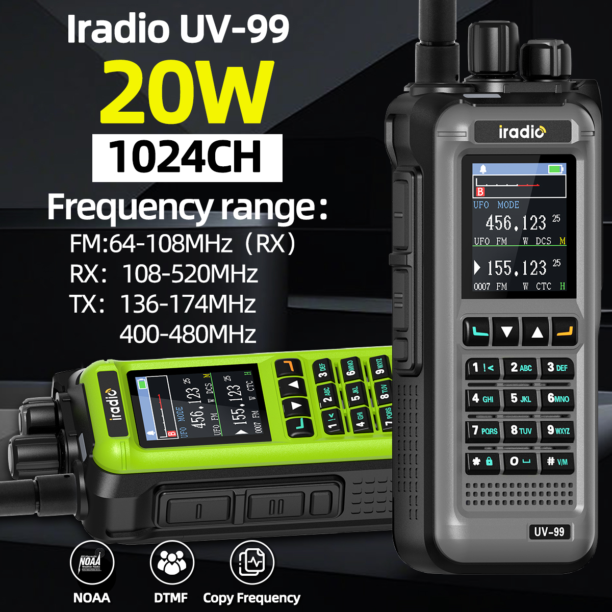 Iradio UV-99 トランシーバー 20 ワットマルチバンド AM FM ワイヤレスコピー周波数 NOAA 1024CH 長距離 Type-C 充電器アマチュア無線
