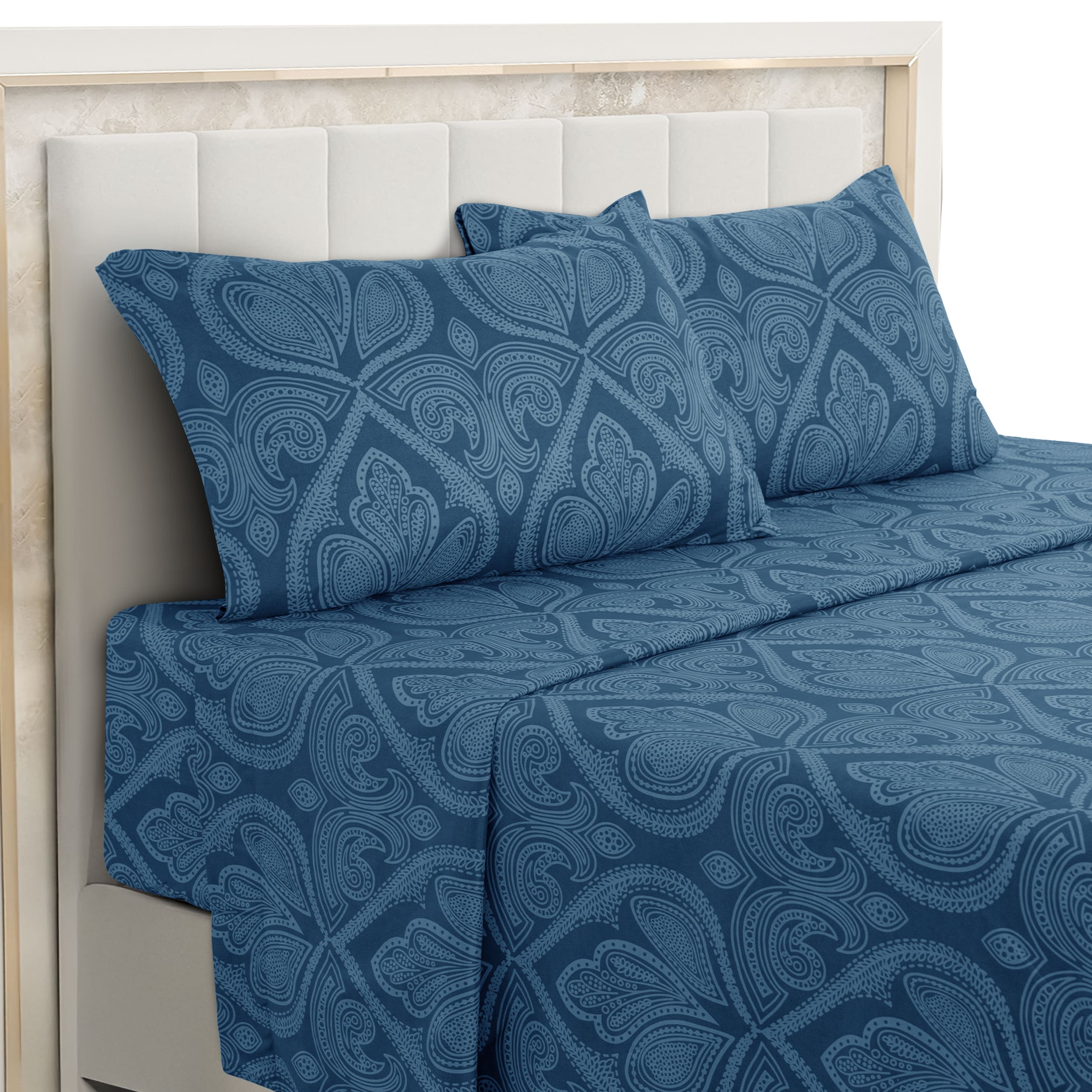 Lux Decor ペイズリー柄ベッドシーツ 4 点セット – ソフト起毛マイクロファイバーシーツ、深さ 16 インチのポケット付き – しわになりにくい寝具