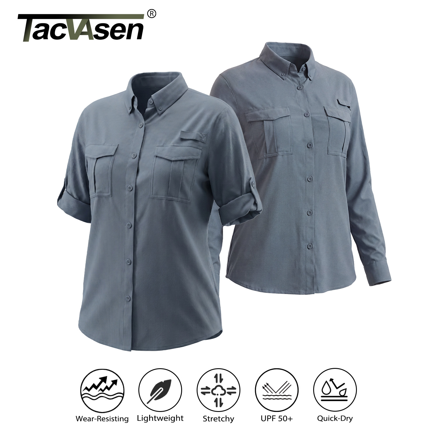 TACVASEN レディース UPF50 速乾性ハイキング釣りブラウス長袖ボタンダウンキャンプシャツ通気性日焼け防止トップス