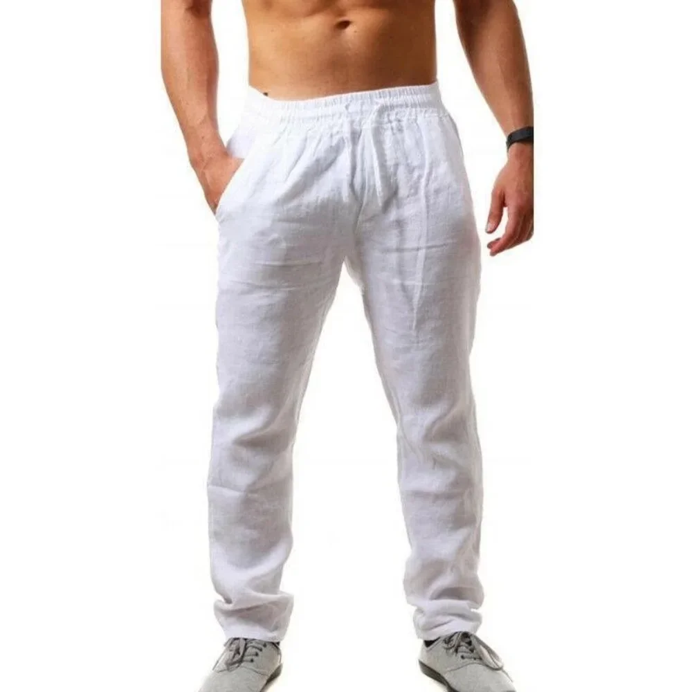 メンズコットンリネンパンツ男性秋の新通気性無地リネンズボンフィットネスストリート S-3XL