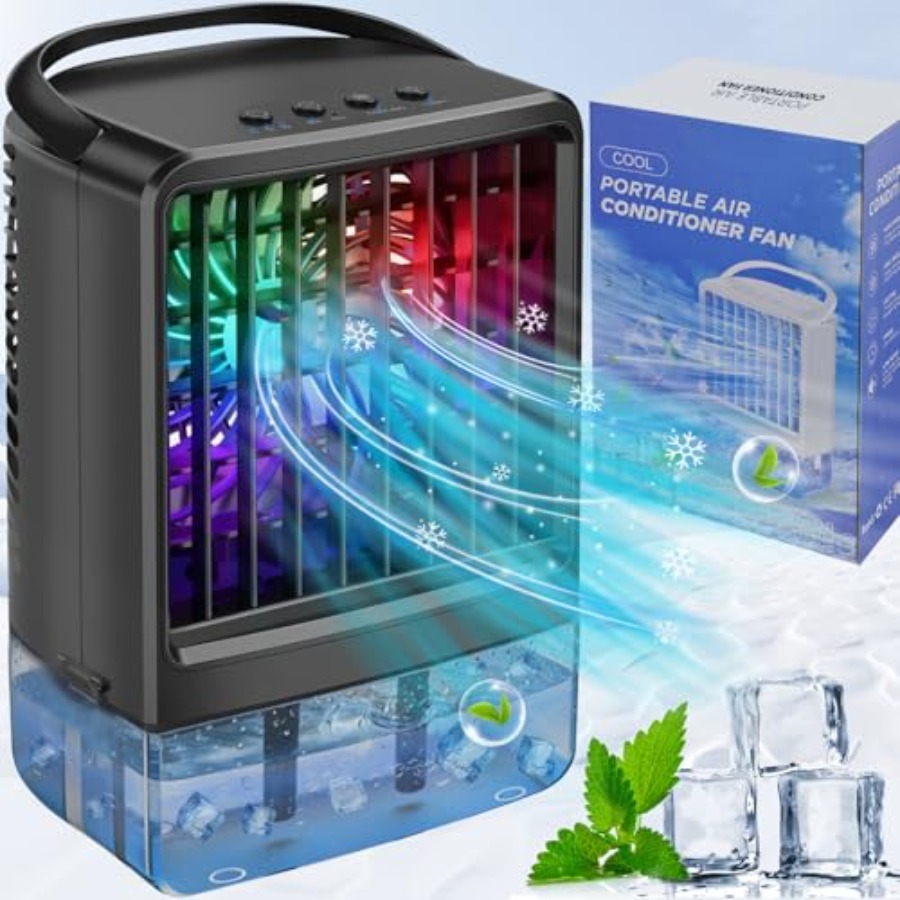 ポータブルエアコンファン、家庭用寝室オフィス屋外用、ABSプラスチックボディ、白、7色のLEDライト付き、静かに動作します。