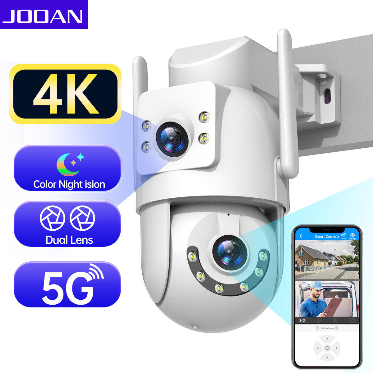 Jooan 4K 8MP HD Wifi PTZ カメラ屋外 5G Wifi デュアルレンズセキュリティ IP カメラ 5X ズーム AI 追跡 ONVIF CCTV 監視カメラ