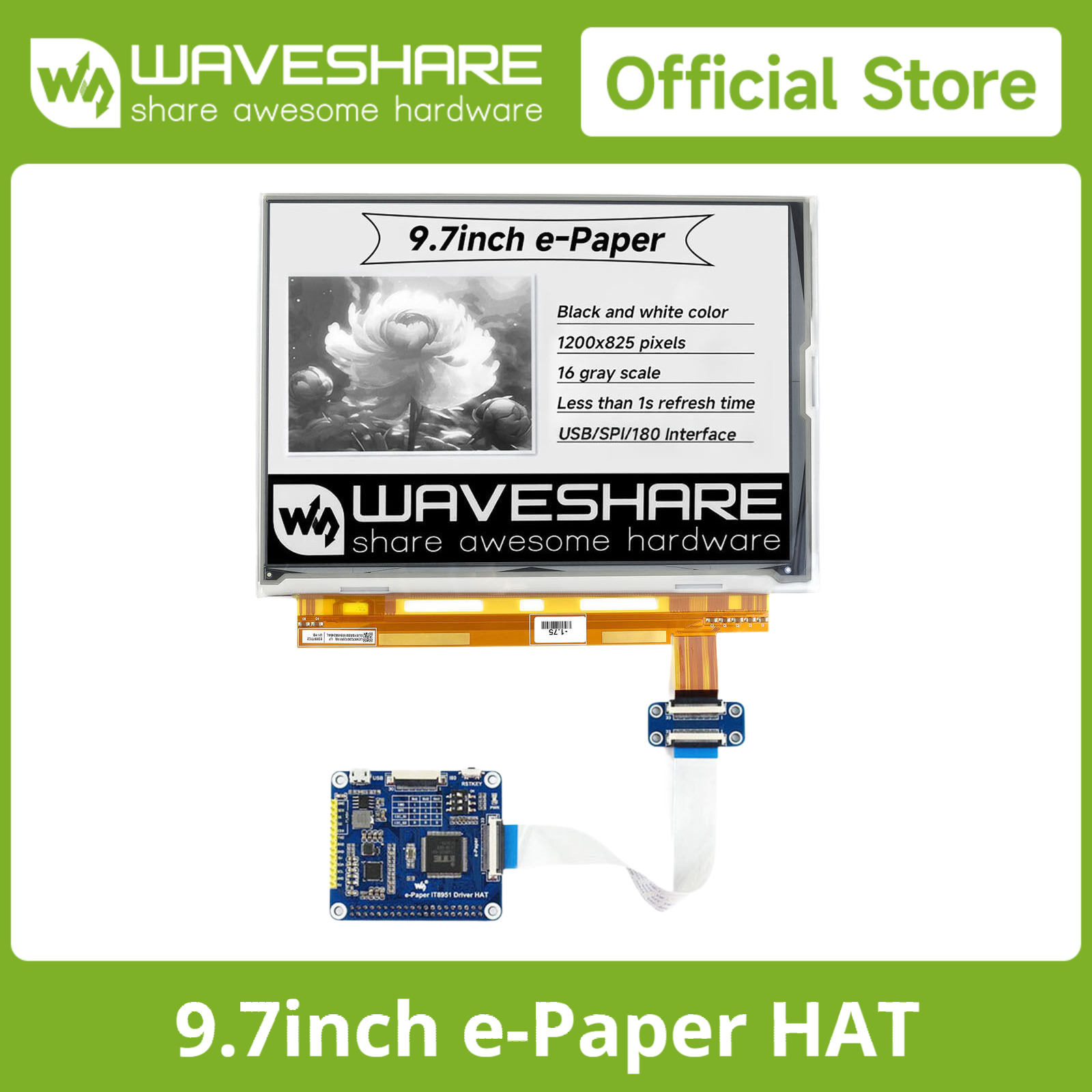 Waveshare 9.7 インチ E-Ink ディスプレイ HAT Raspberry Pi 5/4B/3B/Zero/Zero W/Zero WH/2B/3B/3B 電子ペーパー用 USB/SPI/I80 インターフェイス付き