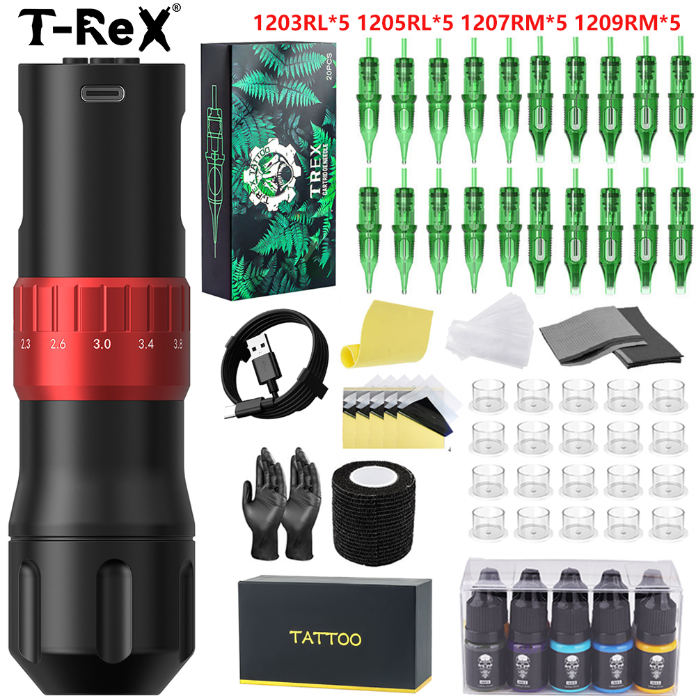 タトゥーキット T-rex タトゥーマシン ワイヤレス回転タトゥーガンキット、新しいクールなタトゥーペンキット 7 セグメントストローク長調整
