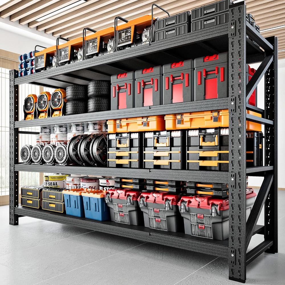 5000LBS 高耐久金属製収納棚 調節可能なガレージ棚ユニット 工業用ラック 71W x 24D x 69H ブラック