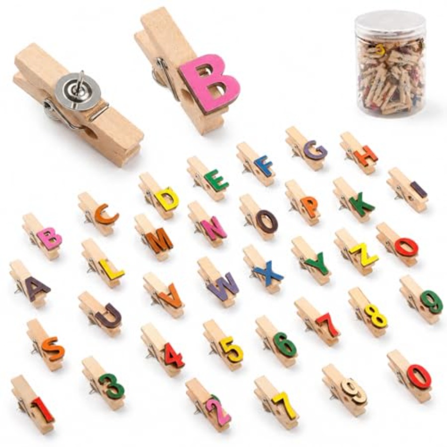 70 個のアルファベットと数字のプッシュピン、木製クリップ付き、カラフルな文字 A-Z と 1-9 の画鋲、コルクボード、掲示板用、