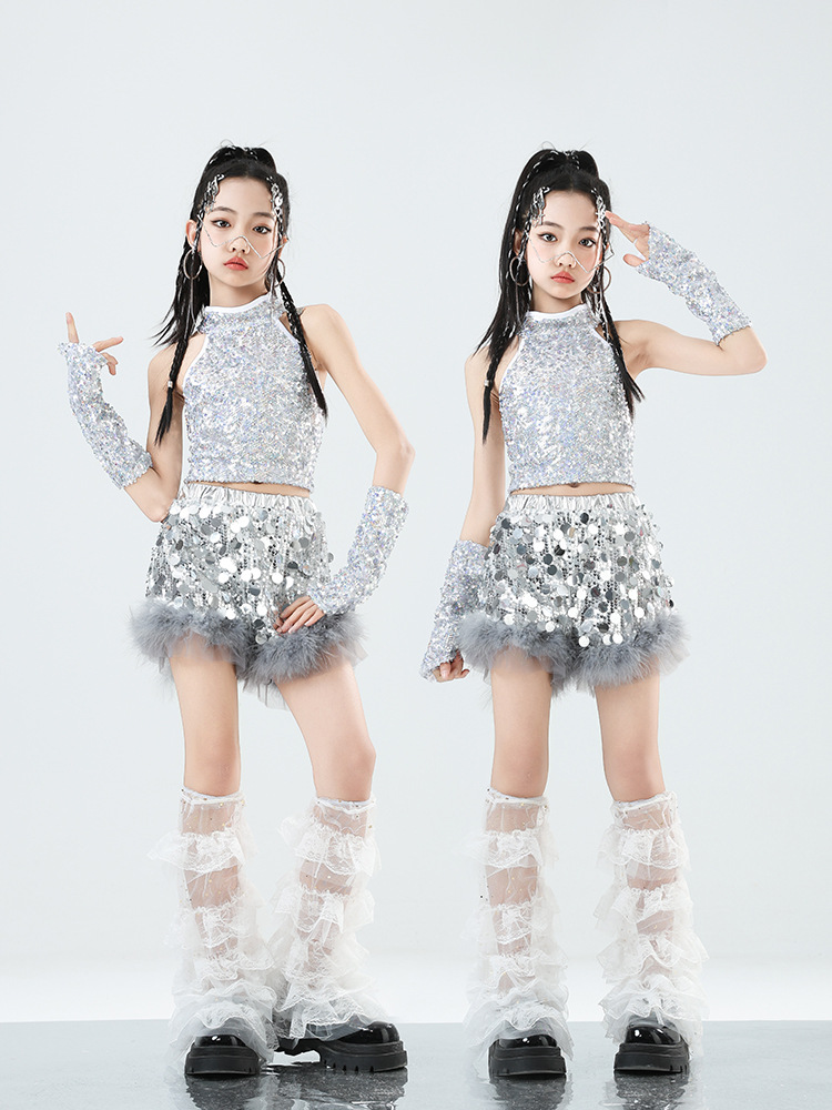 女の子シルバースパンコールヒップホップ衣装クロップトップスパンコールトップショート子供用ジャズ服ストリートダンスステージセット