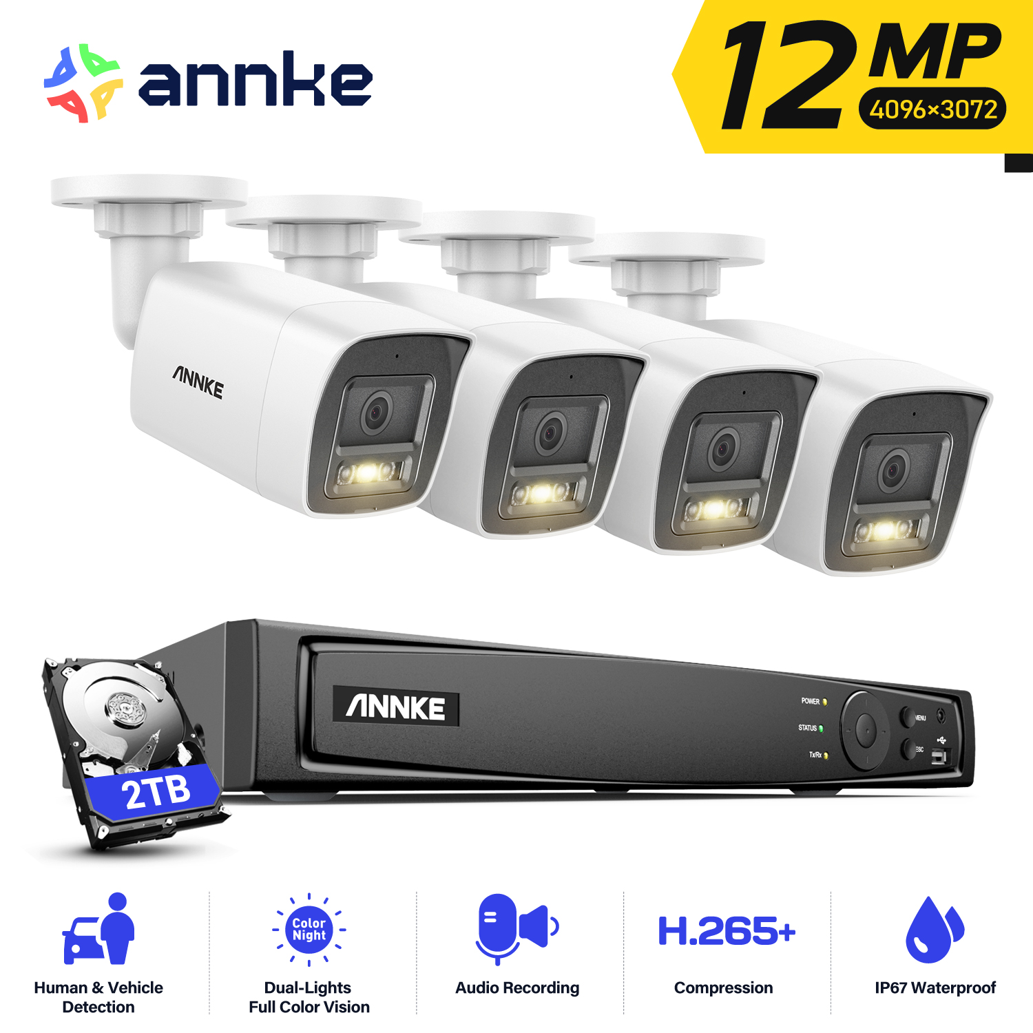 ANNKE 12MP POE ビデオ監視システム 8CH NVR 12MP セキュリティカメラ CCTV キットオーディオ録音 IP カメラカラー/IR ナイトビジョン