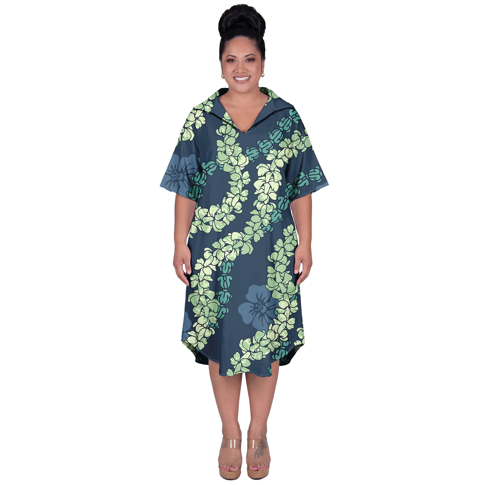 ポリネシア島クラシックロングドレスサモア夏のレディース V ネック服ハワイアン Pua Kenikeni プリントカジュアルライフ女性ドレス