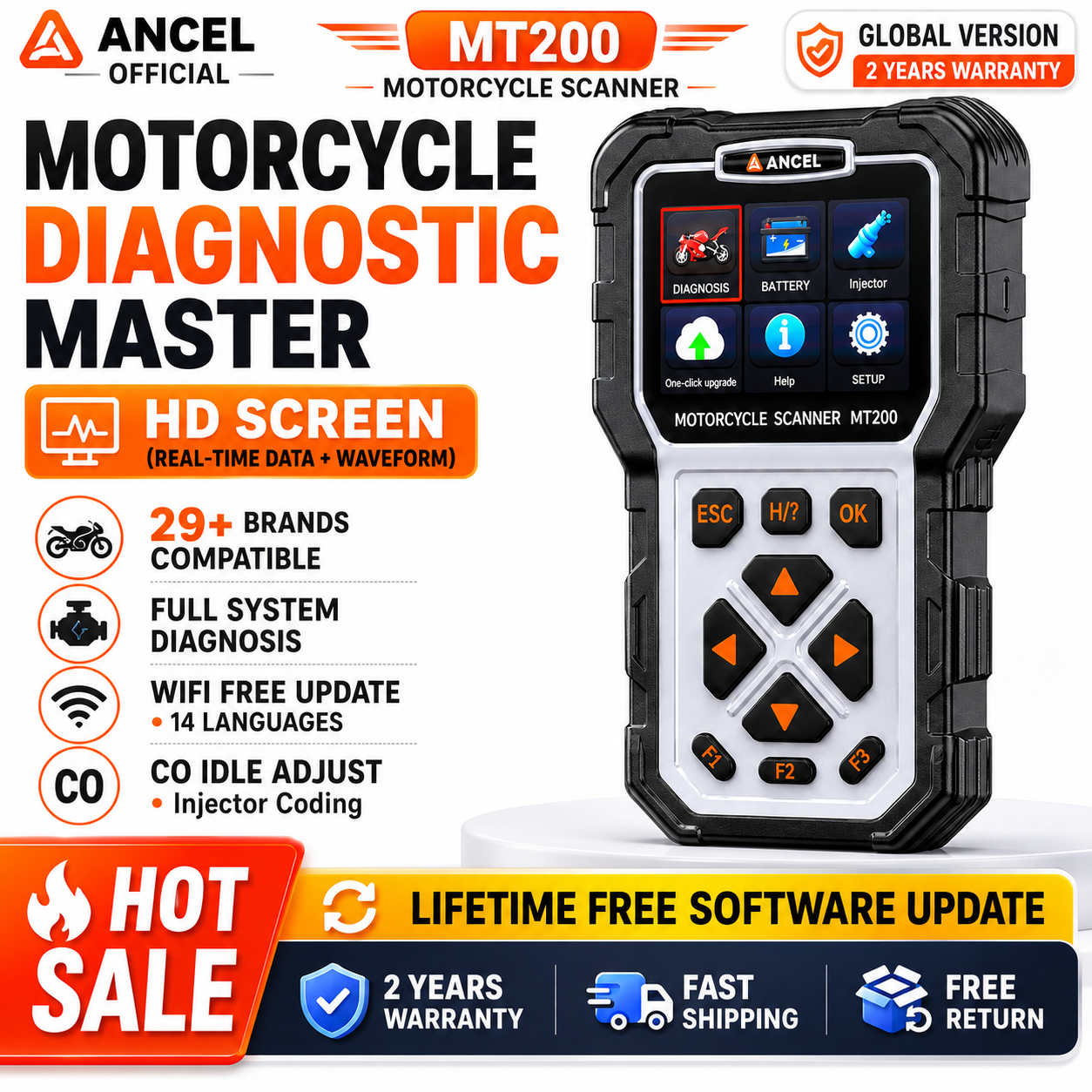 ANCEL MT200 オートバイ診断スキャナーフルシステム OBD2 バイクコードリーダー BMW ドゥカティヤマハスズキ KTM 無料アップデート
