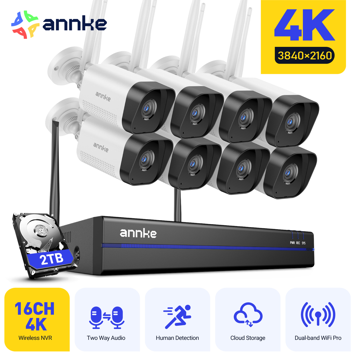 ANNKE 8MP WiFi セキュリティ監視カメラシステムキットモーショントラッキングカラーナイトビジョン 16CH 4K NVR ワイヤレス CCTV カメラセット