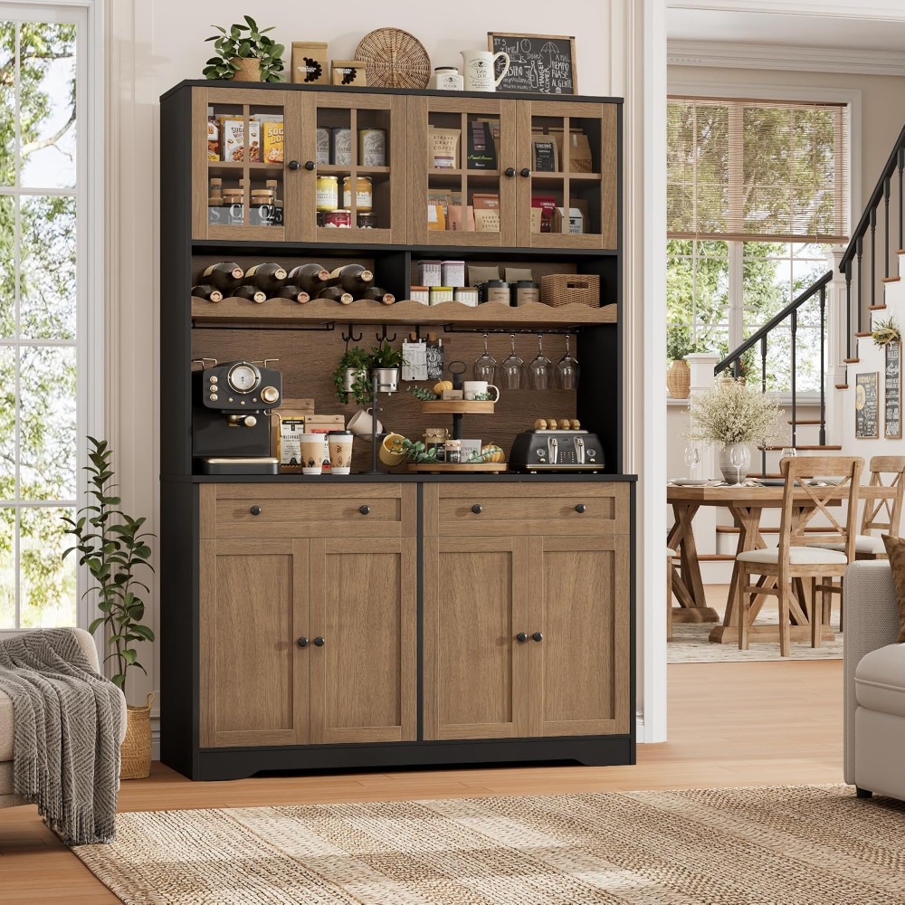75.4" Tall Kitchen Pantry Cabinet with Charging Station, Modern White Kitchen Hutch with Microwave Stand and Wine, Customized