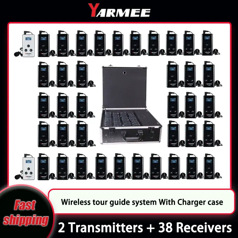 YARMEE フルセットワイヤレスオーディオツアーガイドシステム 2 送信機 38 受信機マイク充電器ケース付き