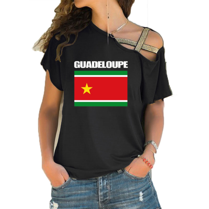 女性 Tシャツルーズスラッシュネック Tシャツレディースカジュアルグアドループ旗 Tシャツ夏カジュアル不規則なスキュークロス包帯トップス Tシャツ