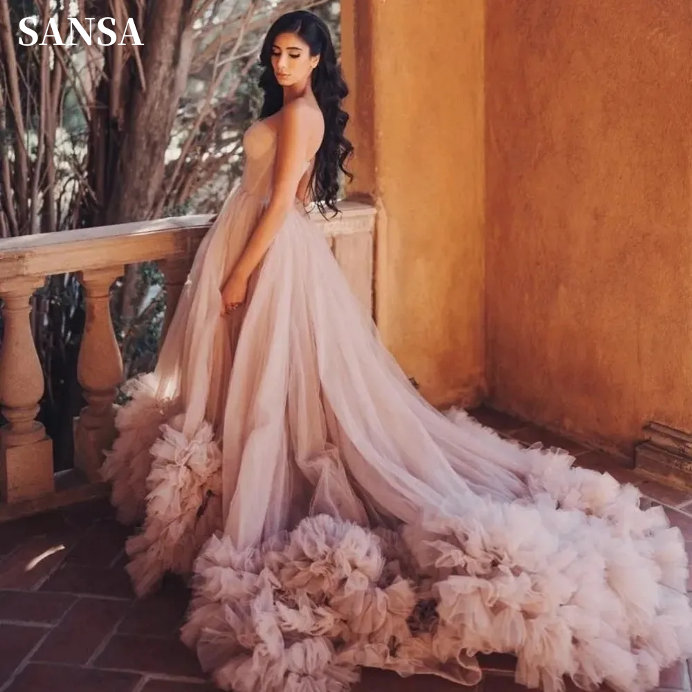 Sansa Long Sweep Train Prom Dress Sweet Ball Gown Vestidos De Noche Customized Tulle Sweep Train Wedding Dress فساتين السهرة