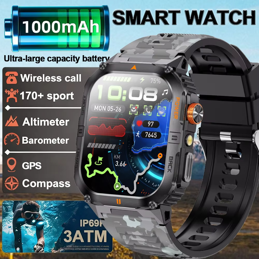 新 2026 屋外 GPS スマートウォッチメンズ 2.01 "画面 3ATM 防水時計 Bluetooth 通話スマートウォッチ GPS モーション軌跡ギフト