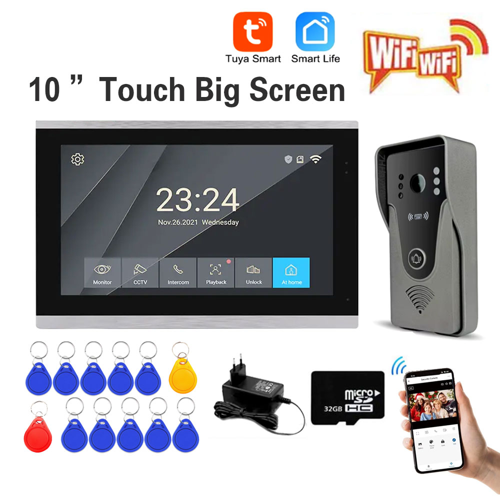 Tuya 1080P 10 インチカラータッチスクリーンワイヤレス WiFi ビデオドアベルスマート APP ホームインターホンキット RFID アクセス制御システム用