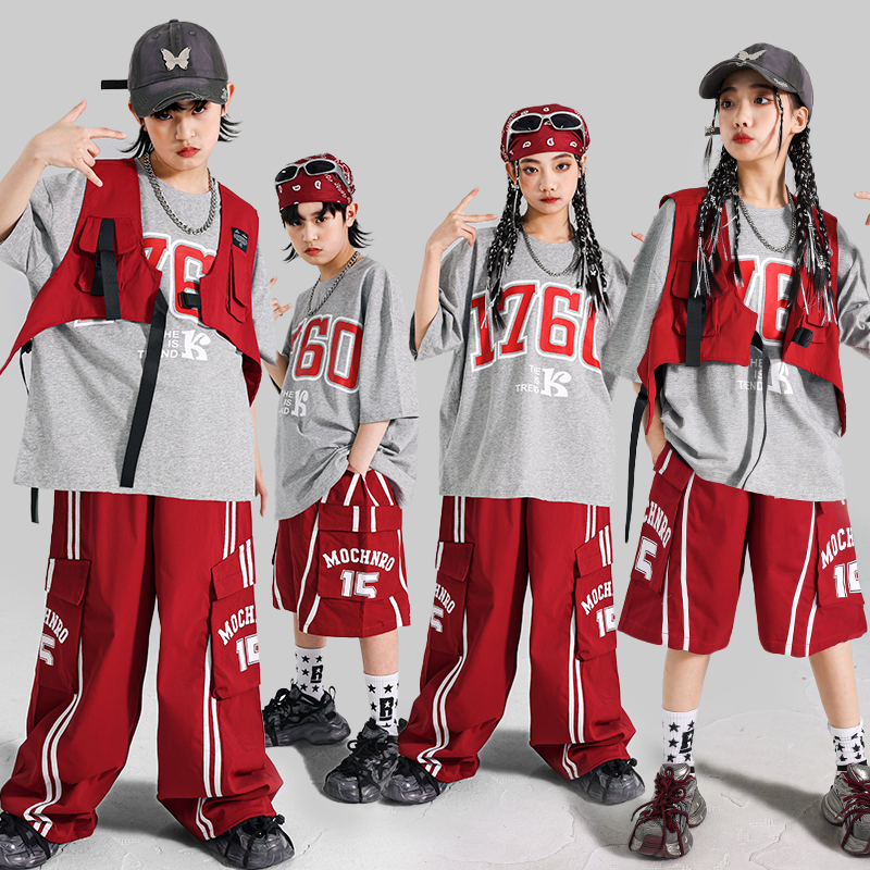 子供ヒップホップ服赤いベスト Tシャツストリートダンスパンツ女の子 K-POP 夏ストリート男の子ジャズ衣装子供服セット