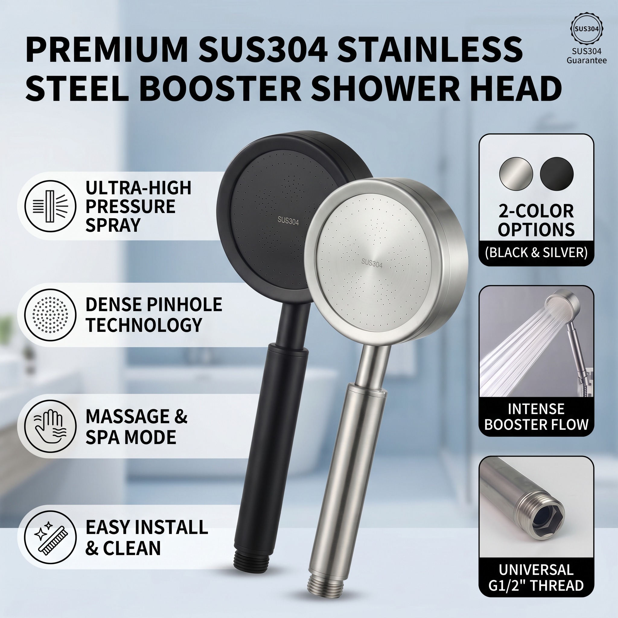 SUS304 ステンレス鋼シャワーヘッド高圧節水降雨ハンドヘルドシャワーヘッドブラッシュシルバーマットブラック G1/2