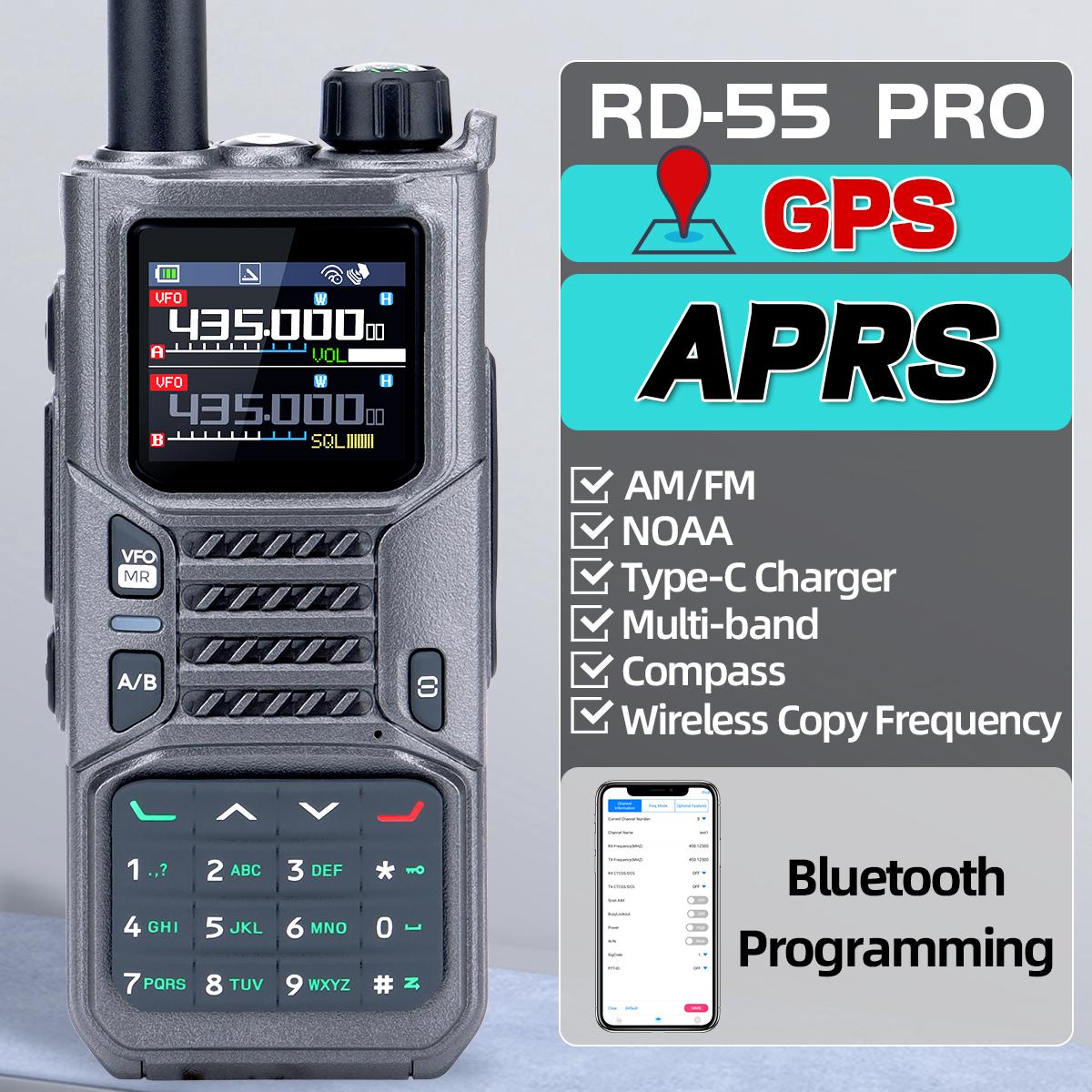 Baofeng RD-55PRO マルチバンド トランシーバー 長距離 AM Bluetooth プログラミング GPS APRS Type-C コンパス NOAA 双方向ラジオ UV-5RH