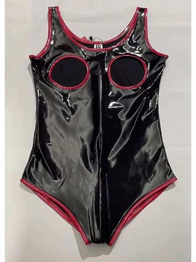 S-5XL ノースリーブウェットルック PVC キャットスーツ光沢のある PU レザージッパーオープンクロッチボディスーツ中空アウト水着タイツセクシーなボディテディ