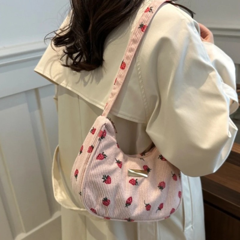 かわいい花イチゴコーデュロイミニ脇の下バッグヴィンテージ女性ハンドバッグショルダーバッグデイリーショッピングカジュアルストリートトートバッグ