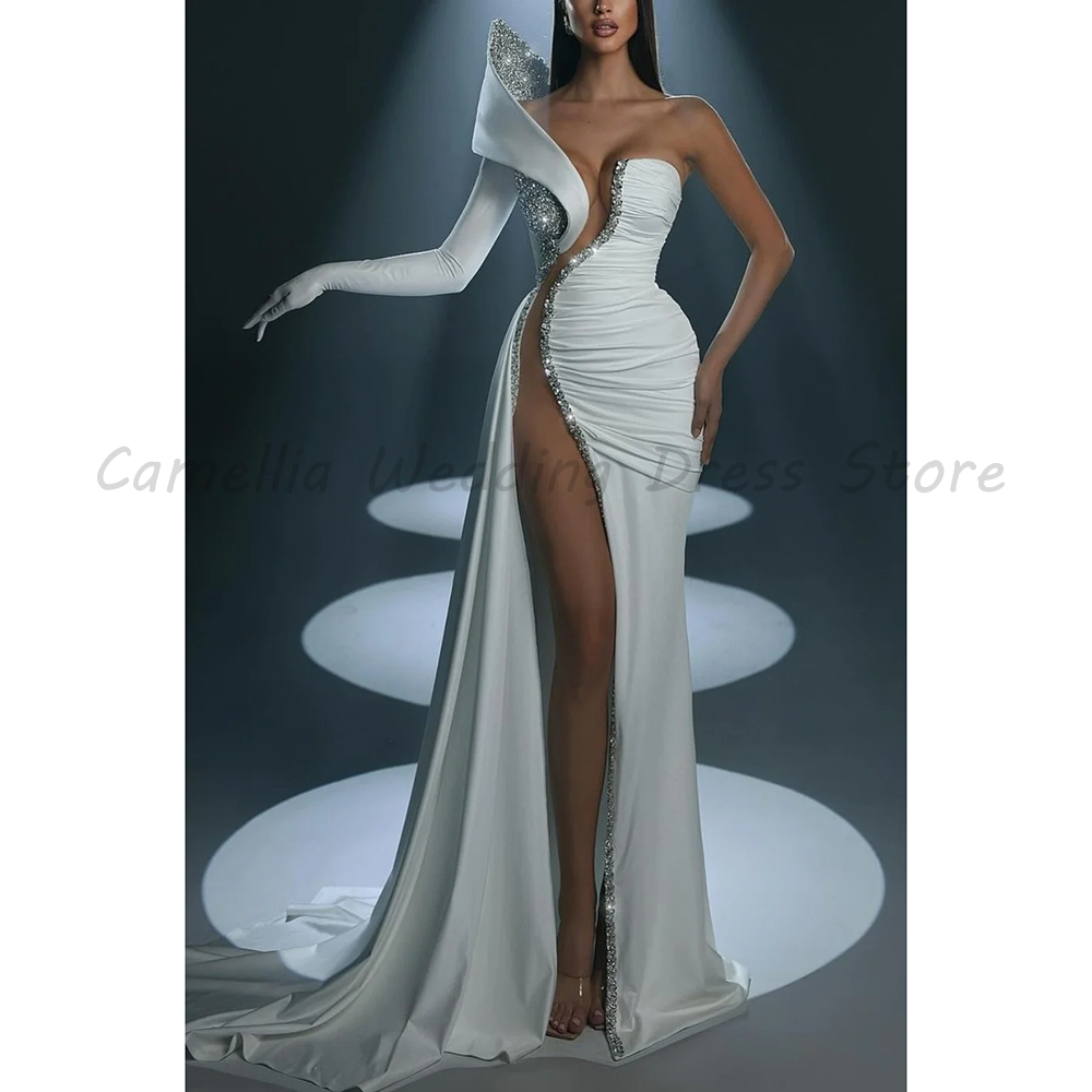 White One Shoulder Long Sleeve Evening Dress Luxury Rhinestone High Slit Ruched Satin Mermaid Formal Prom Gown For Red Carpet