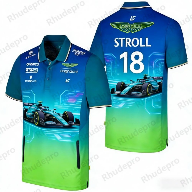 アストンマーティン チーム ストロール 18 レー​​シング テーマ ポロシャツ メンズ カジュアル スポーツ Tシャツ ファン アパレル