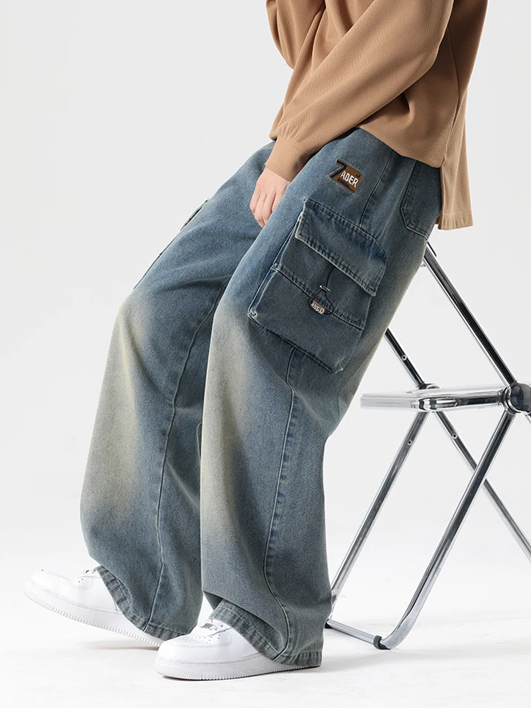 秋の新メンズカーゴジーンズビッグポケットストリングバンディングワイドだぶだぶのデニムパンツ巾着ストレートカジュアルジーンズズボン