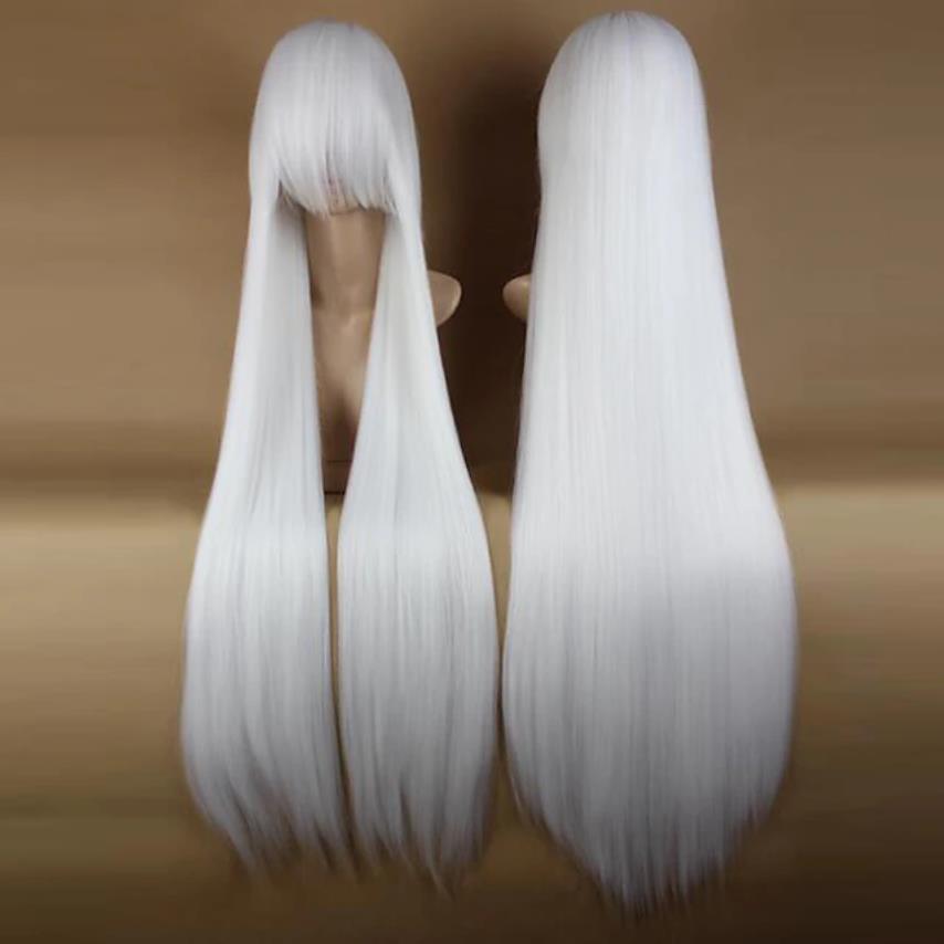 SuQ ホワイトウィッグ女性用コスプレウィッグ合成かつらストレート前髪ウィッグ非常に長いサイド部分ホワイトハロウィンウィッグ