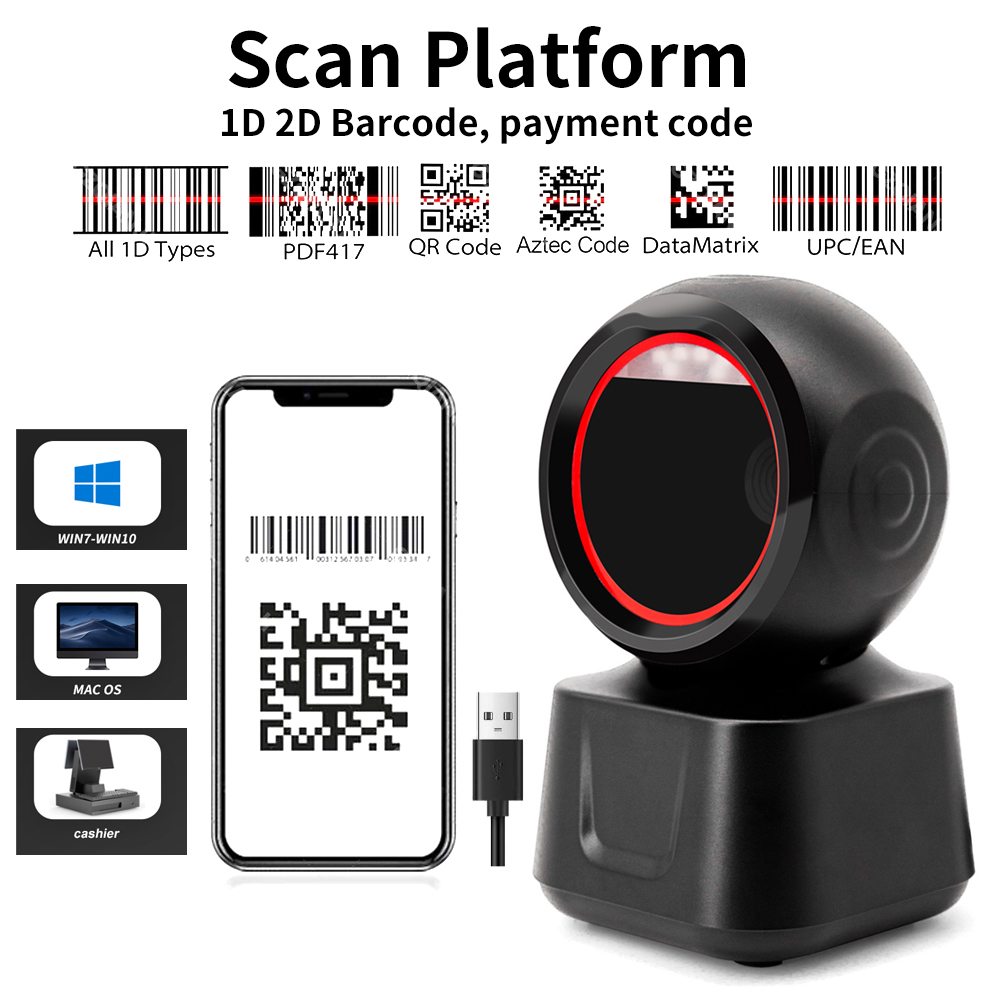 2D バーコード スキャナ 画像プラットフォーム 耐久性のあるデスクトップ スキャナ 1D 2D QR コード リーダー USB 全方向性高速高精度スキャナ