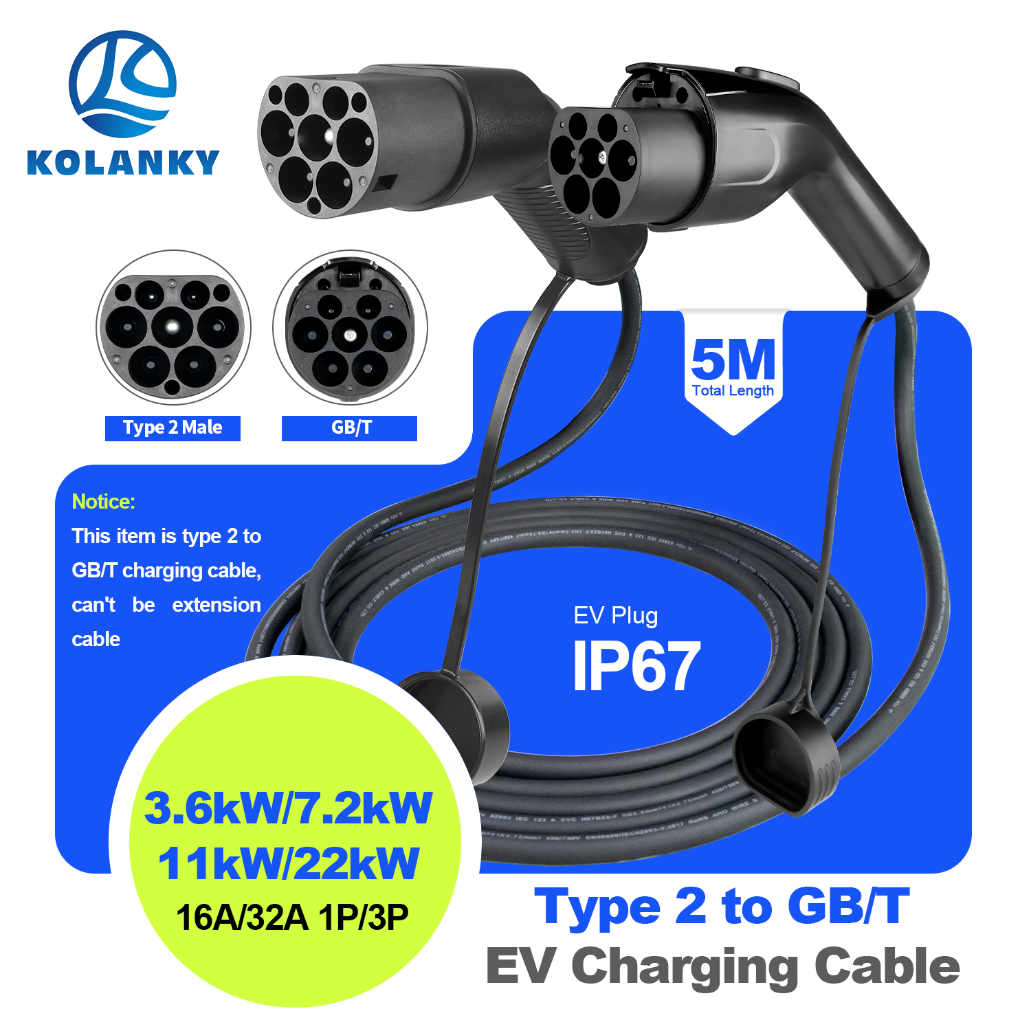 Kolanky EV 充電ケーブル Type2 オスプラグから GB/T ソケット車側 16A 3.6kW 32A 7.2kW 1P 11kW 22kW 3P GBT 電気自動車用