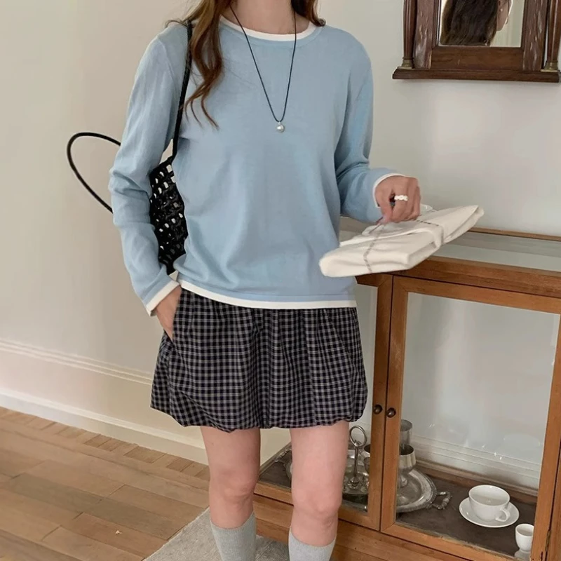 春秋ゆるいファッショナブルなニット長袖トップス高品質綿 100% 女性 O ネックカラーブロッキング長袖