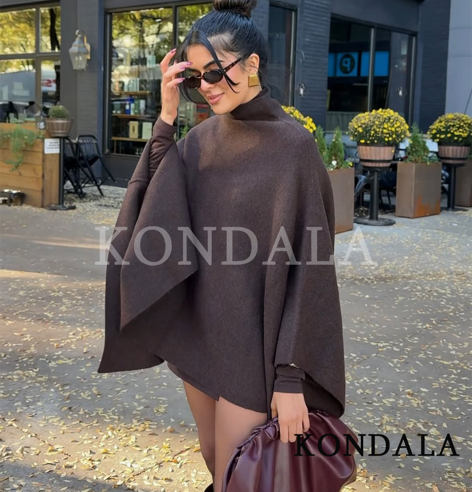 KONDALA スタンドカラーニットケープコートハイストリートカジュアルルーズケープ 2025 秋冬ファッションエレガントなストリート女性ケープ