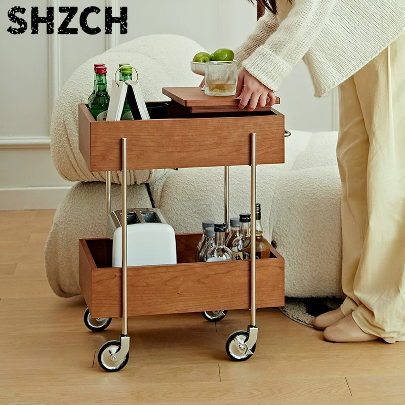 Solid Wood Mobile Cart with Wheels Kitchen Island Side Table Metal Craft Snack Holder Self-Contained Furniture Trolley Cart