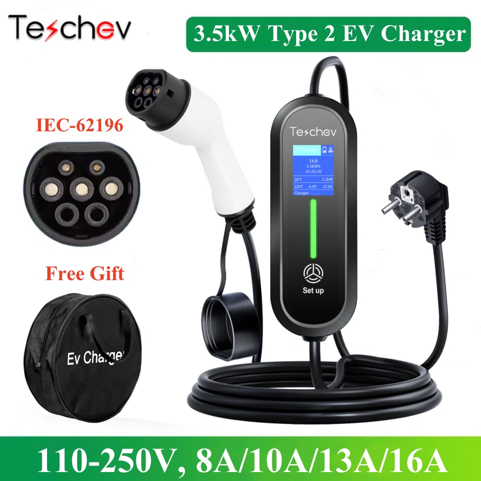 Teschev タイプ 2 ポータブル EV 充電器 16A 1 相 3.5kW 電気自動車充電器 IEC 62196 EVSE 充電ウォールボックス EV 充電ステーション