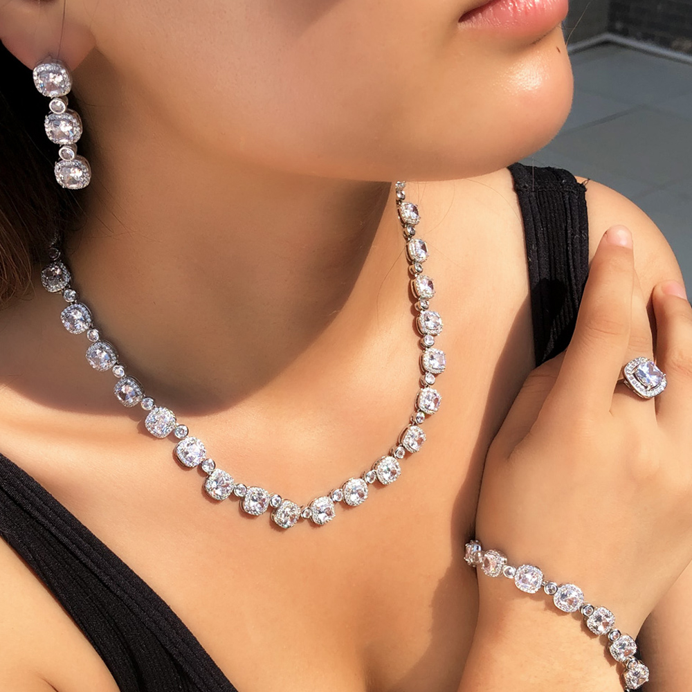 CWWZircons 4 個スクエアキュービックジルコニア舗装女性のウェディングパーティーネックレスイヤリングブレスレットリングブライダルコスチュームジュエリーセット T671