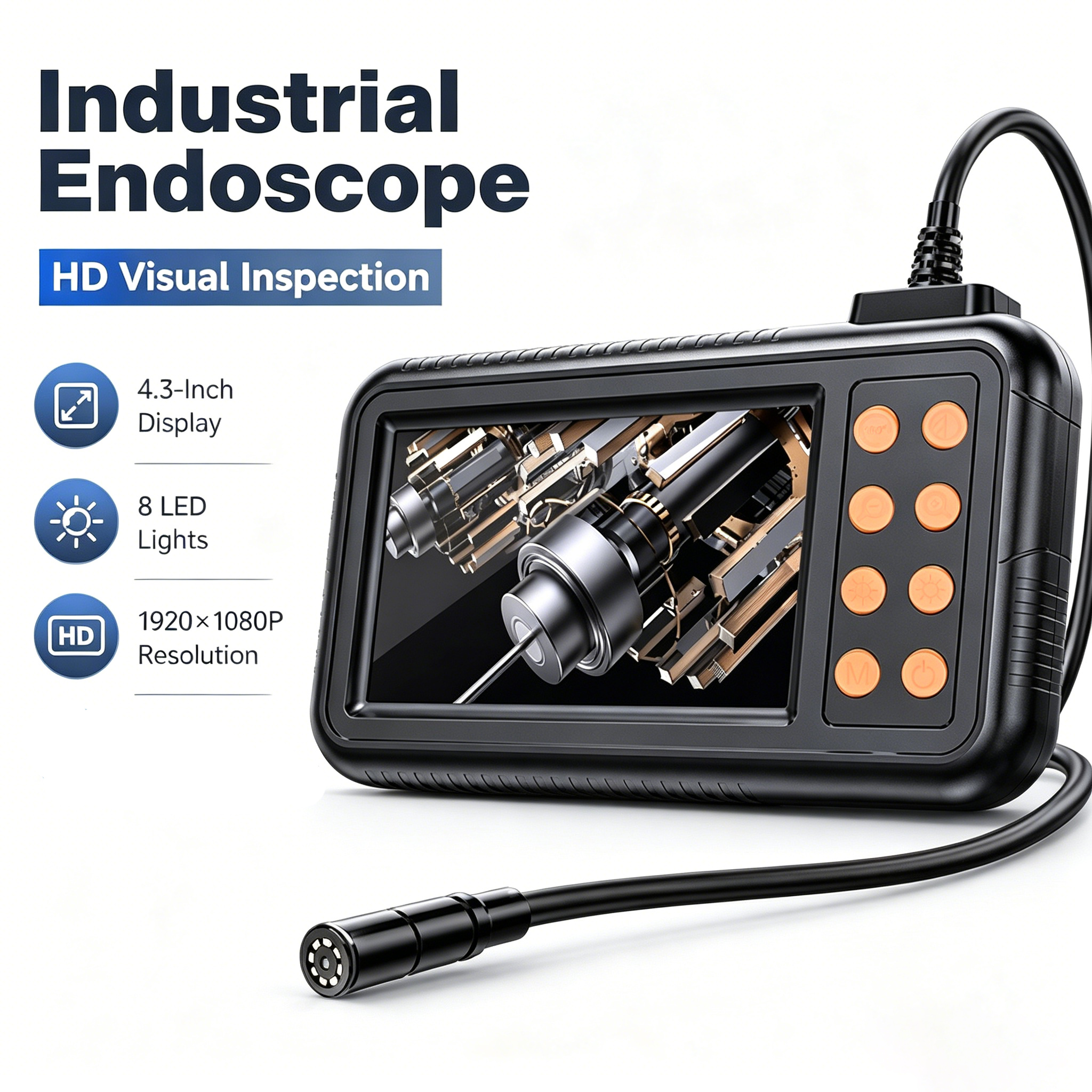Endoscope Camera 4.3 Inch 1080P Full HD Borescope Inspection Camera With Snake Semi Rigid 8 LEDs Automotive Endoscopic Camera For Sewer/Drain
