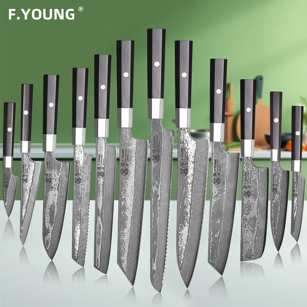 F.YOUNG 日本のシェフナイフダマスカス鋼プロの包丁肉スライス皮むきユーティリティ手鍛造調理器具