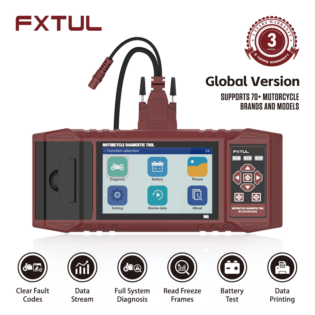 FXTUL M6 ユニバーサルオートバイ診断機器サポート読み取りクリアと障害コードの印刷データストリーム作動電圧テスト