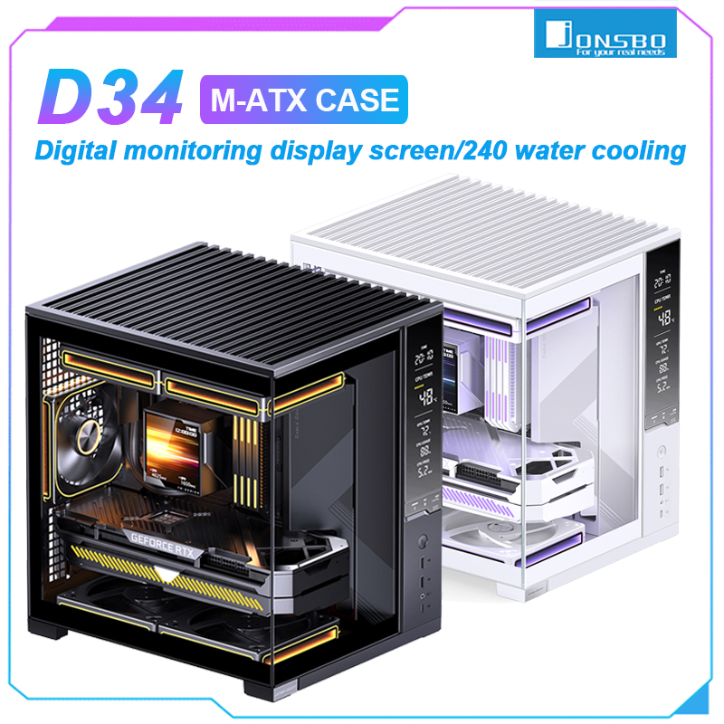 JONSBO D34 M-ATX PC ケース強化ガラスシービューシャーシフロント監視画面サポート 280 ミリメートル水クーラー BTF マザーボード